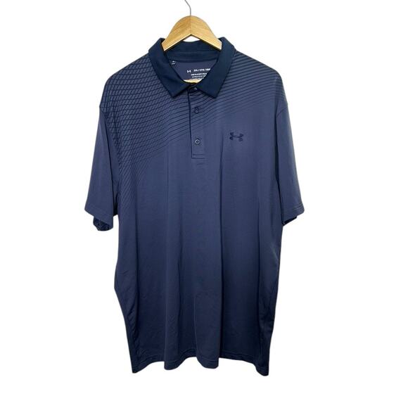 Under Armour Heat Gear Navy Blue Stripe The Playoff Polo Shirt Loose Fit 2XL - Picture 1 of 4